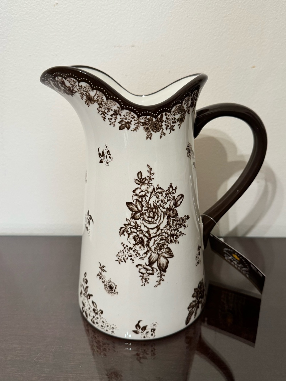 Brown and White Floral Toile Ceramic Pitcher by Robert Stanley